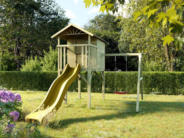 Cabane enfants sur pilotis Tree Hut KDI avec balançoire individuelle et toboggan jaune