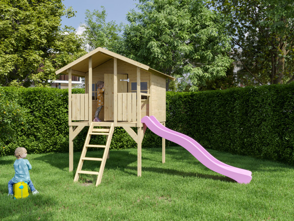 Cabane de jardin sur pilotis Toby incl. toboggan rose