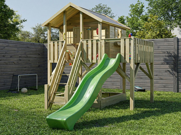 Cabane sur pilotis Big House XL en bois autoclave avec toboggan vert