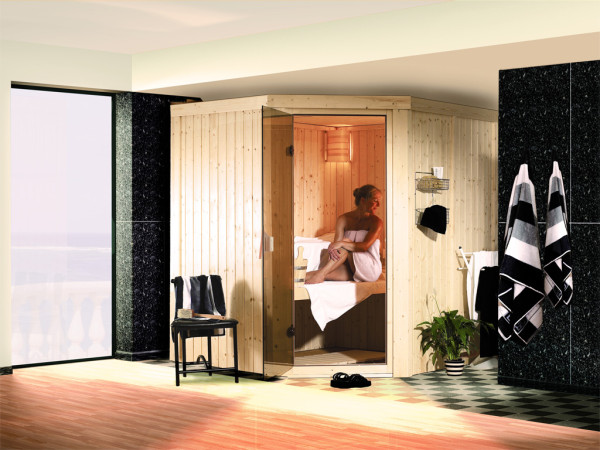 Sauna à éléments 68 mm Celine 1 SPARSET avec poêle bio combiné 9 kW et commande externe