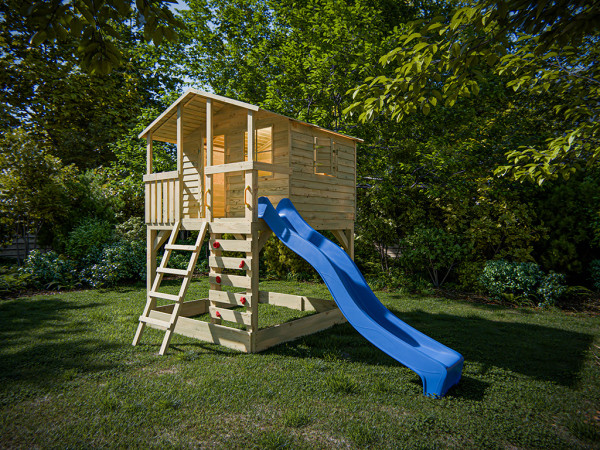 Cabane sur pilotis en bois autoclave Henry avec toboggan bleu