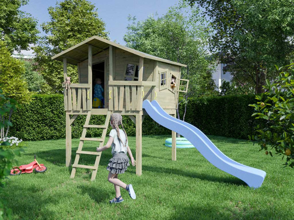 Illustration montrant une maisonnette sur pilotis avec poignées (non incluse dans le contenu de livraison)