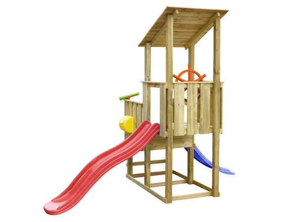 Aire de jeu Pirate en bois autoclave avec 2 toboggans rouge et bleu + accessoires