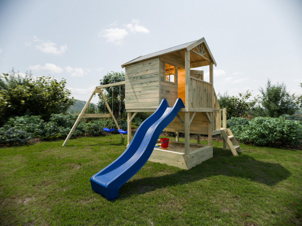 Maisonnette sur pilotis Amsterdam KDI avec balançoire double et toboggan, bleu