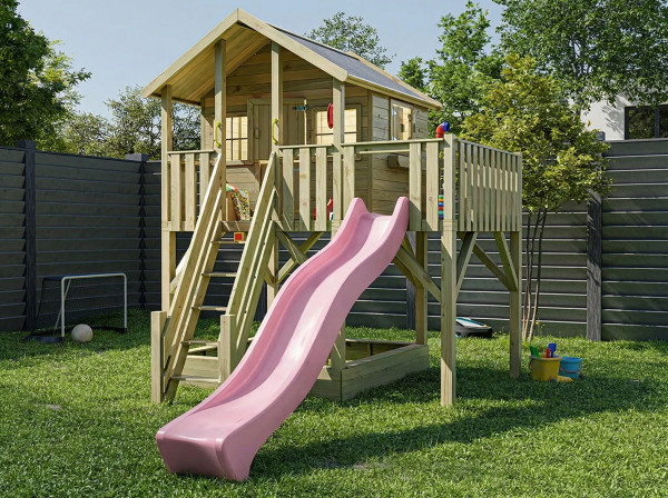 Cabane enfants sur pilotis Big House XL traité par autoclave avec toboggan fuchsia