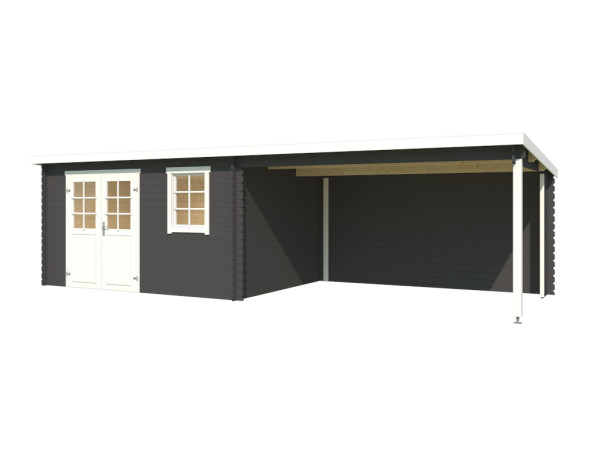 Abri de jardin en rondins Aida 800 28 mm gris carbone avec extension de 3,8 m