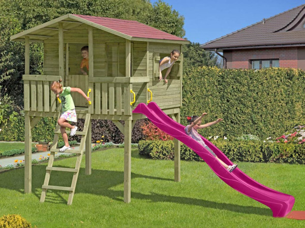 Cabane sur pilotis en bois autoclave avec toboggan rose “Leon”