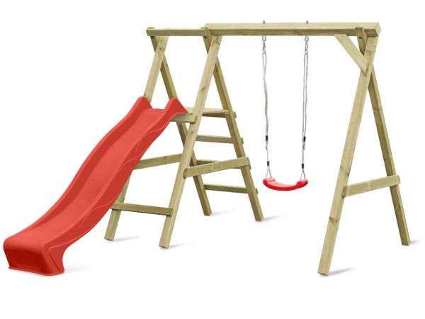 Portique simple avec plateforme Cosy Single avec toboggan + balançoire rouge