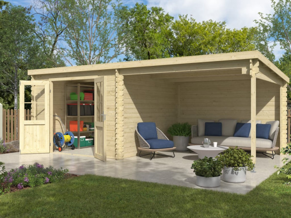 Abri de jardin en bois Orlando Exklusiv 28 mm naturel avec auvent de 3 m