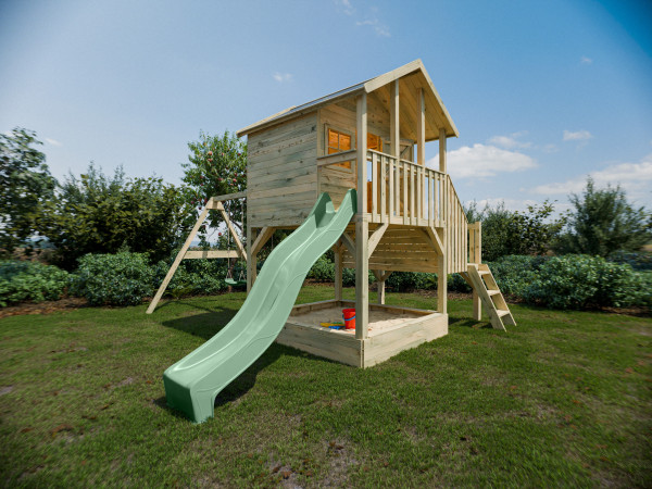 Maisonnette sur pilotis Big House L avec bac à sable (KDI), balançoire double et toboggan, vert past