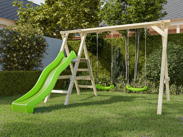 Portique double avec plateforme Cosy Double en bois autoclave avec toboggan vert et 2 balançoires ve