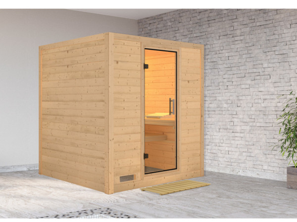 Pack avantageux Sauna en bois massif KARIBU "Eva" 38 mm avec poêle de sauna 9 kW et commande intégré