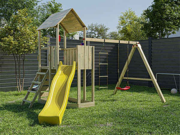 Aire de jeu Big Monkey en bois autoclave avec toboggan jaune