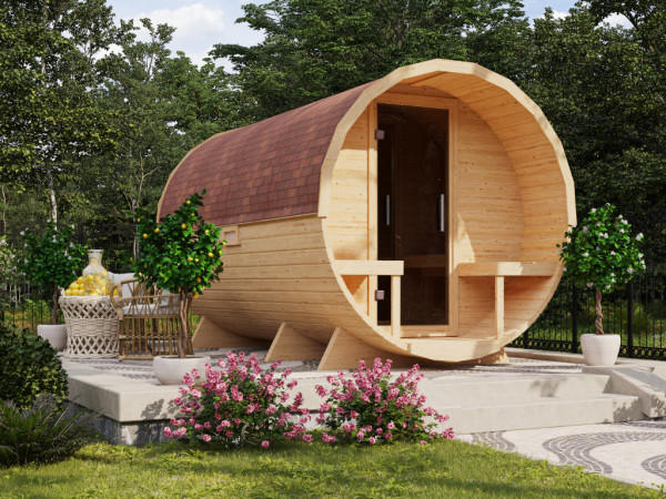 Pack avantageux Sauna tonneau Royal 3 avec poêle de sauna 9 kW et commande externe