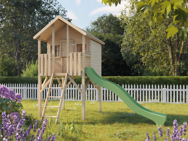 L'image montre une maison sur pilotis avec toboggan - disponible en option.