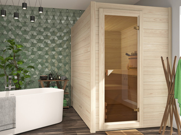Sauna bois massif SET ÉCONOMIQUE Pepermint, poêle bio de 3,6 kW avec commande externe inclus