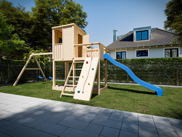 Cabane sur pilotis Carl brut avec portique double et toboggan bleu.