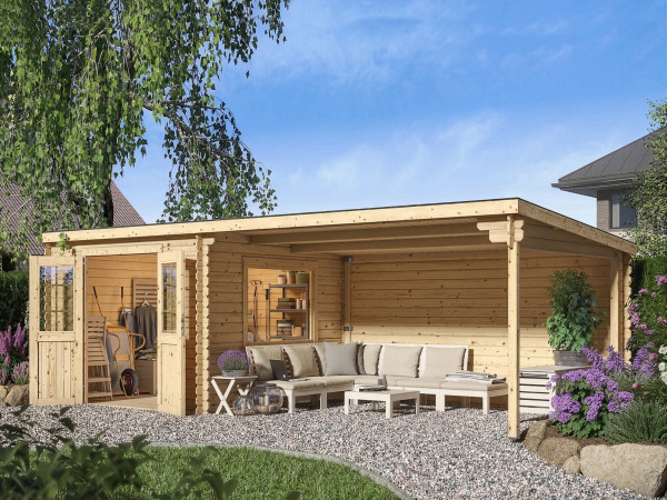 Abri de jardin en bois CA2978 28 mm naturel avec auvent de 4 m