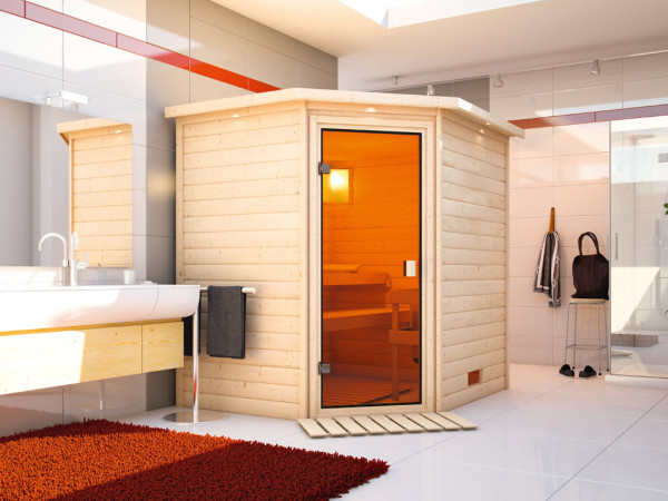 Sauna en bois massif 38 mm Mila SPARSET incl. poêle bio combiné 9 kW et commande ext.