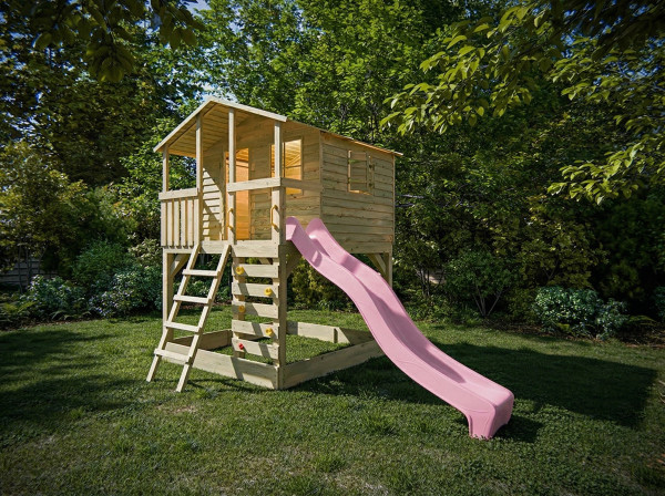 Cabane sur pilotis en bois autoclave avec toboggan rose pastel Henry