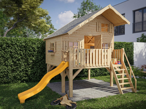 Cabane de jardin sur pilotis Tom XL 15 mm naturel incl. véranda, Échasses et toboggan jaune