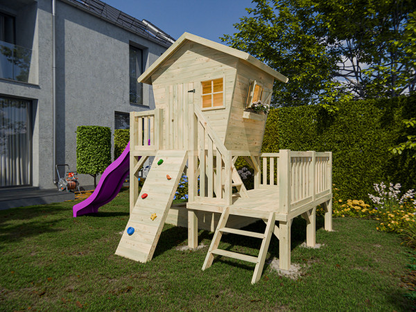 Cabane sur pilotis en bois autoclave Big Birdy XXL avec toboggan rose