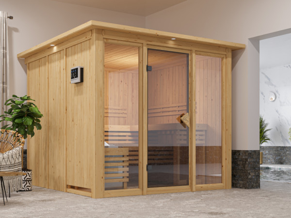 Système de sauna Sari avec couronne de toit, porte tout verre bronzée