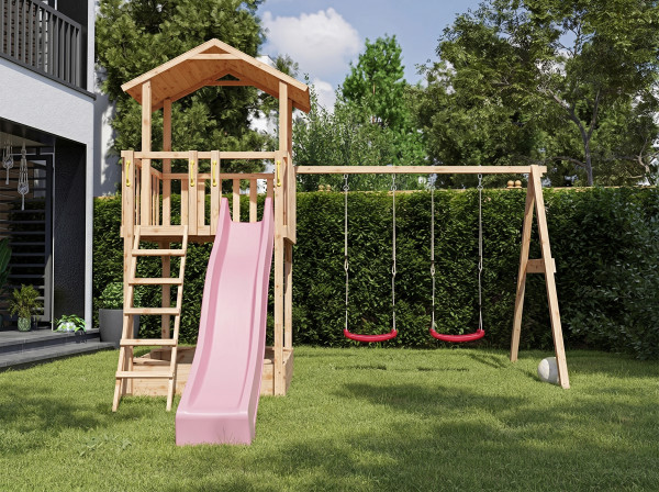 Aire de jeu en bois de mélèze Tilly Premium avec double balançoire, toboggan rose et sièges roses