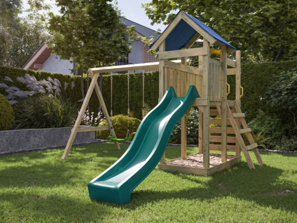Aire de jeu Speedy en bois autoclave avec portique, 2 balançoires, toboggan turquoise + sièges ver