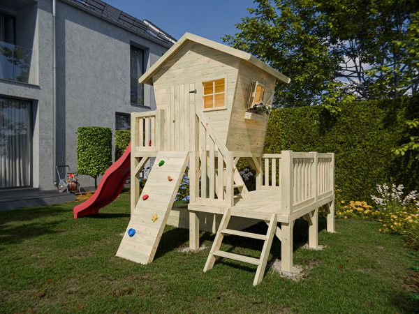 Cabane sur pilotis en bois autoclave Big Birdy XXL avec toboggan rouge