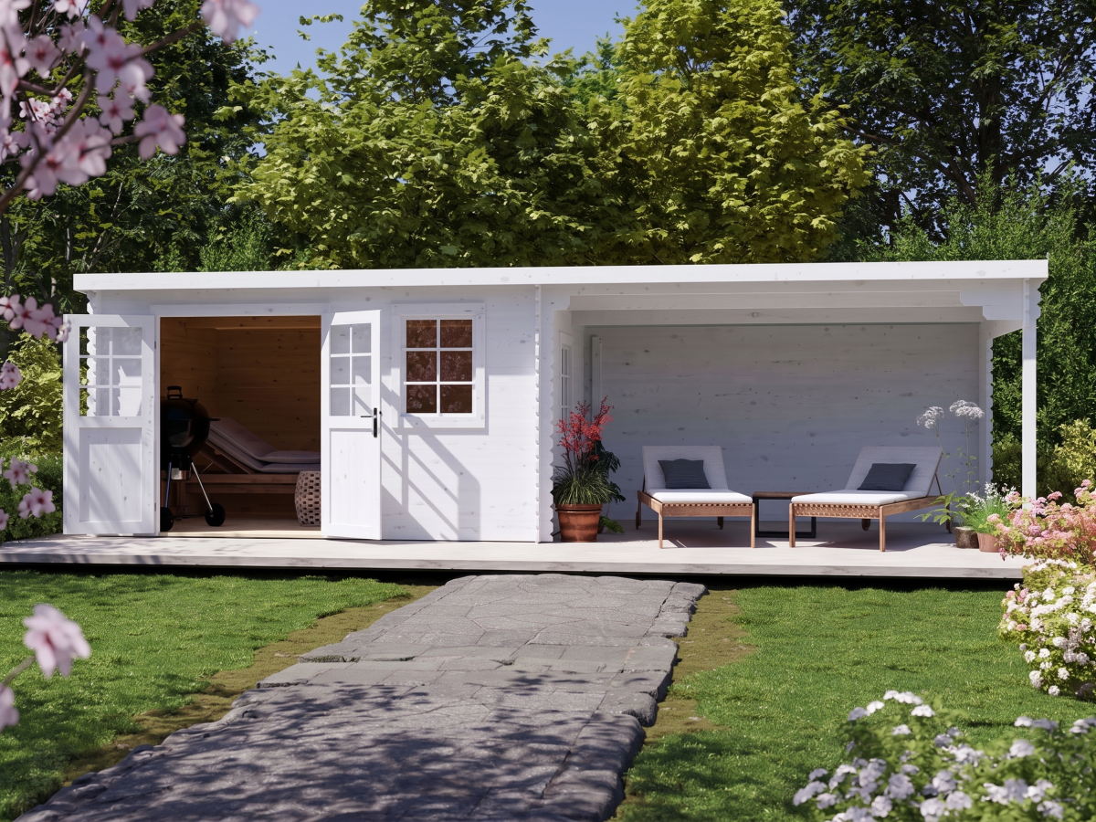 Abri de jardin en bois CA2988 28 mm naturel avec auvent de 4 m