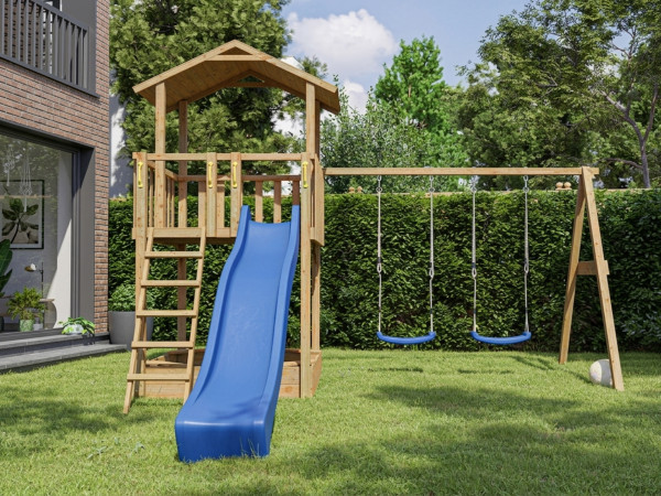 Aire de jeu Tilly Classic avec portique double en bois autoclave, toboggan bleu et sièges bleus