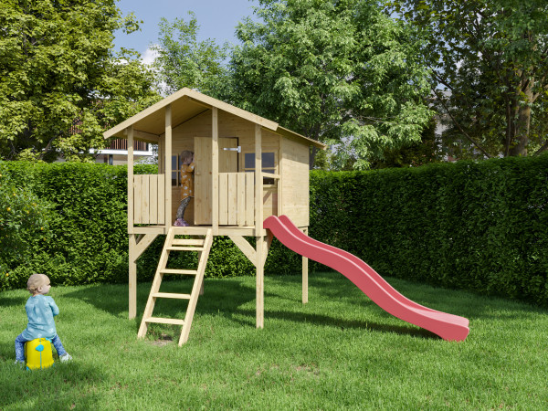 Cabane de jardin sur pilotis Toby incl. toboggan rouge