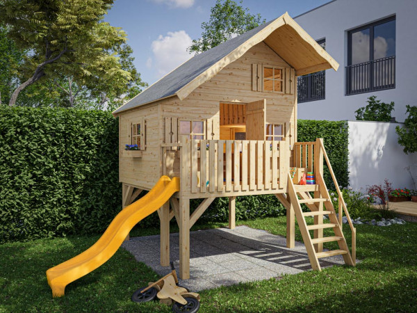 Cabane de jardin sur pilotis Tom XL 15 mm naturel incl. véranda, Échasses et toboggan jaune