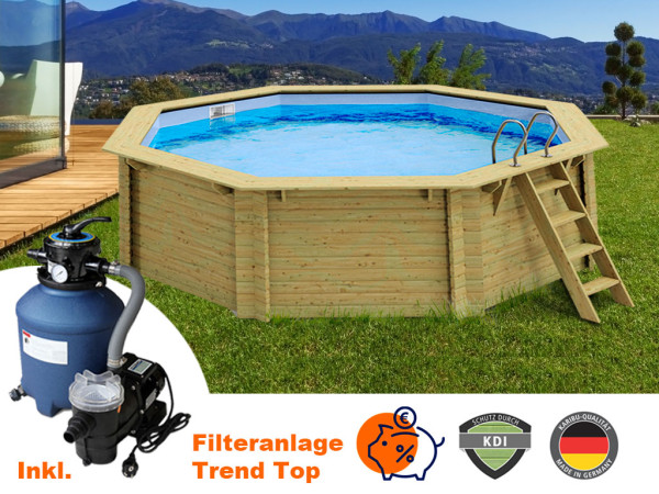 Illustration montrant une piscine en bois avec skimmer (disponible en option L7900445)
