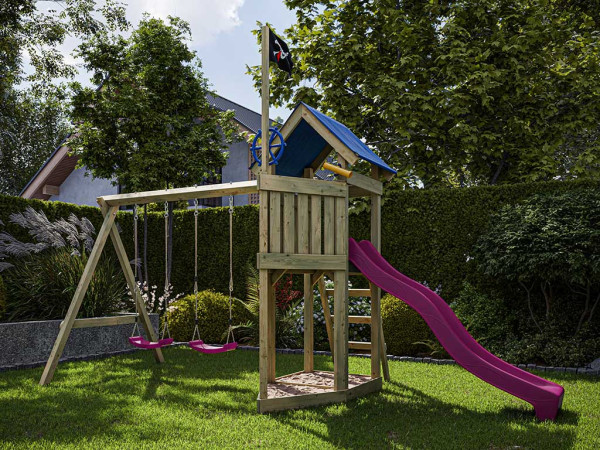 Aire de jeux Pirate Captain Jolly en bois autoclave avec portique double, toboggan rose et sièges ro
