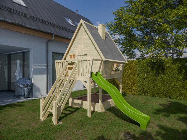 Cabane sur pilotis en bois autoclave Clubhouse avec toboggan vert