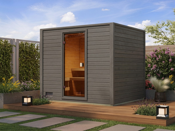 Sauna extérieur Lenchen 3 coloris terre grise avec porte tout verre bronzée