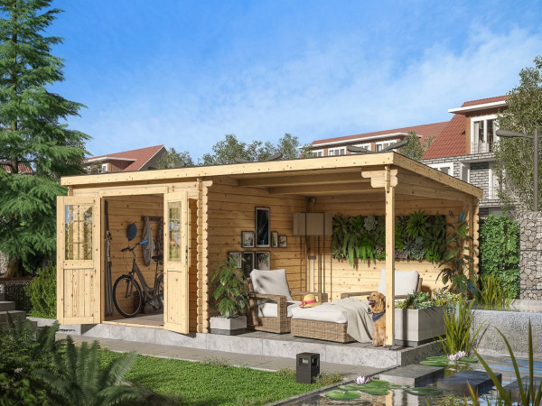 Abri de jardin en bois CA2977 28 mm naturel avec auvent de 3 m