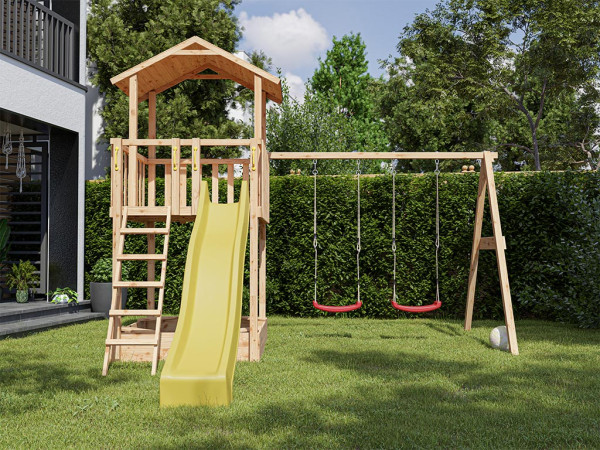 Aire de jeux pour enfants Tilly Premium en bois de mélèze avec double balançoire, toboggan jaune et