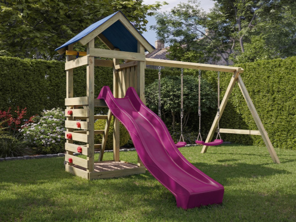 Aire de jeux Easy en bois autoclave avec portique double, toboggan rose et sièges roses