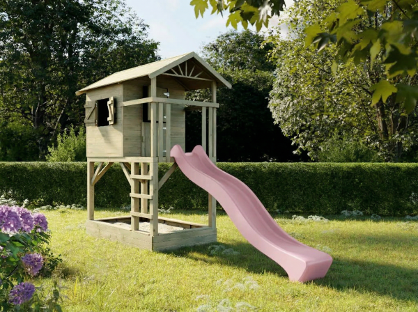 Cabane de jardin sur pilotis Tree Hut KDI avec bac à sable incl. toboggan rose