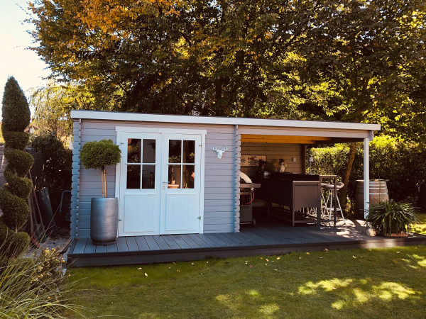 Abri de jardin en bois massif Orlando excusif 28 mm gris clair avec auvent de 3m
