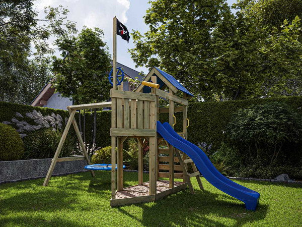 Aire de jeux Pirate Captain Snappy en bois autoclave avec portique double, toboggan bleu et balançoi