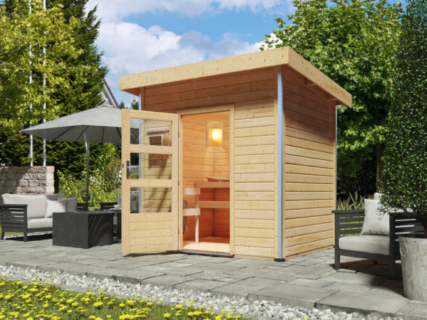 Sauna extérieure Norge en bois massif de 38 mm, incluant un poêle Bio de 9 kW