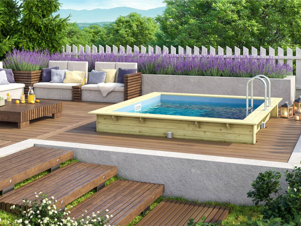 Illustration montrant une piscine en bois avec skimmer (disponible en option L7900445)