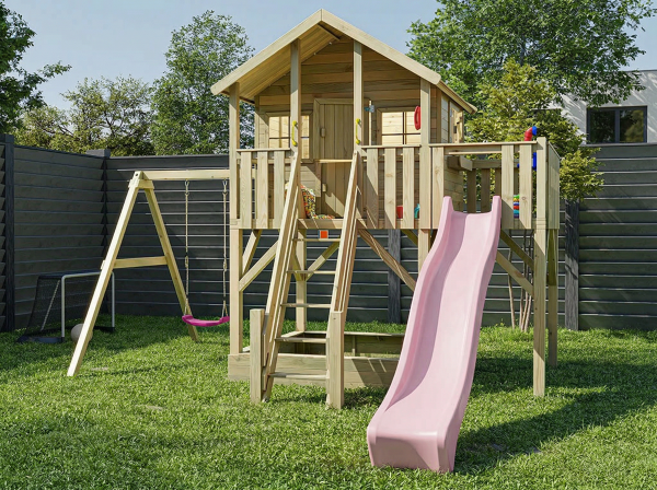 Cabane sur pilotis en bois autoclave Big House XL avec balançoire simple et toboggan rose pastel