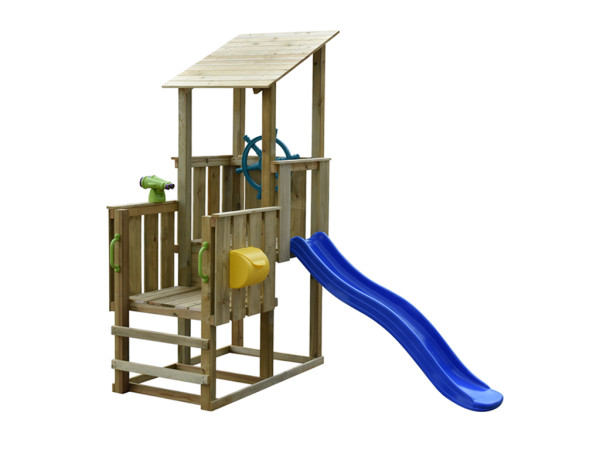 La figure montre la tour de jeu avec toboggan et accessoires (non inclus)