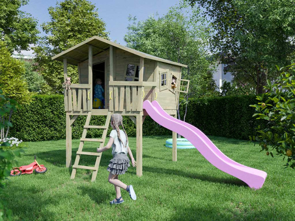 Illustration montrant une maisonnette sur pilotis avec poignées (non incluse dans le contenu de livraison)