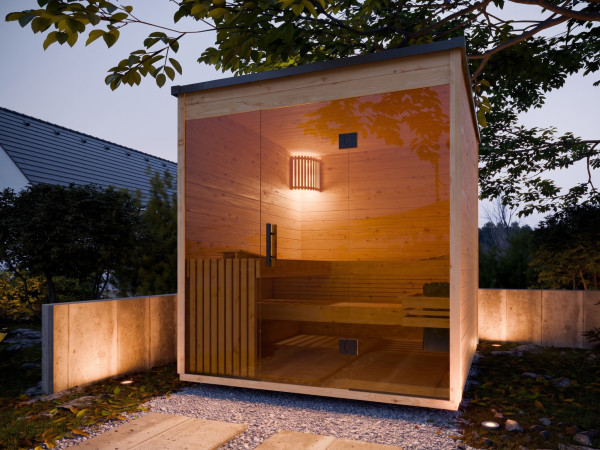 Pack avantageux Sauna extérieur Lilly brut / non traité poêle 9 kW et commande intégrée